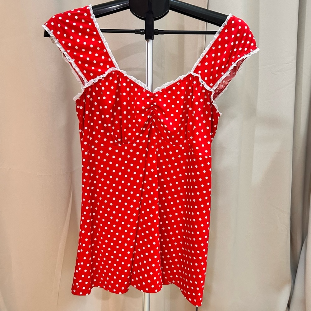 Demi Loon Womens red white polkadot Y2K babydoll top, white lace trim Size M-L